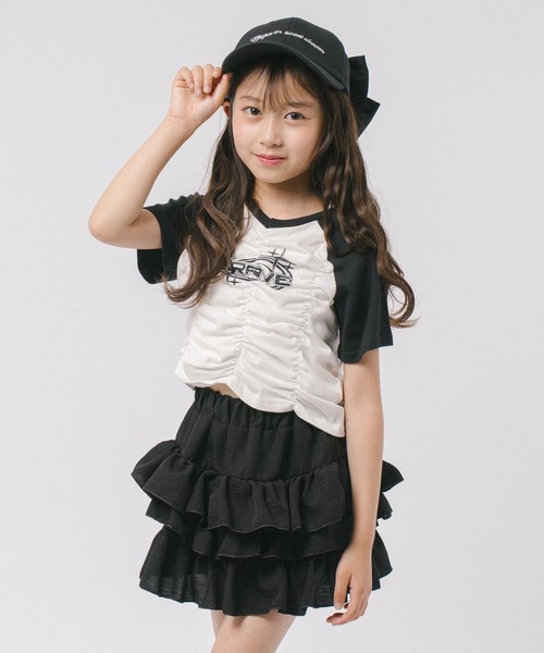 URBAN CHERRY(アーバンチェリー)の「【綿100%/吸水速乾】プラネットロゴギャザーラグランTシャツ(Tシャツ/カットソー・キッズ・ブルー/ピンク/ブラック・150cm/140cm/130cm/120cm/110cm)」の1枚目の写真