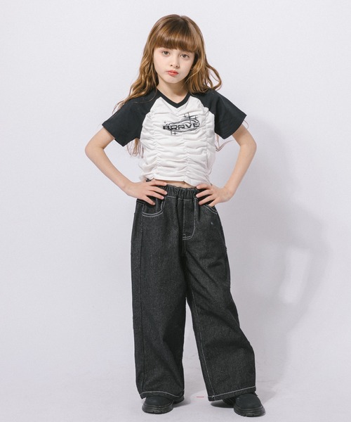 URBAN CHERRY(アーバンチェリー)の「【綿100%/吸水速乾】プラネットロゴギャザーラグランTシャツ(Tシャツ/カットソー・キッズ・ブルー/ピンク/ブラック・150cm/140cm/130cm/120cm/110cm)」の9枚目の写真