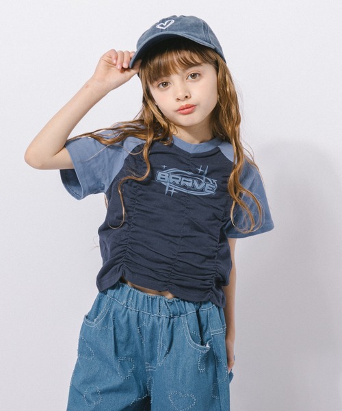 URBAN CHERRY(アーバンチェリー)の「【綿100%/吸水速乾】プラネットロゴギャザーラグランTシャツ(Tシャツ/カットソー・キッズ・ブルー/ピンク/ブラック・150cm/140cm/130cm/120cm/110cm)」の4枚目の写真