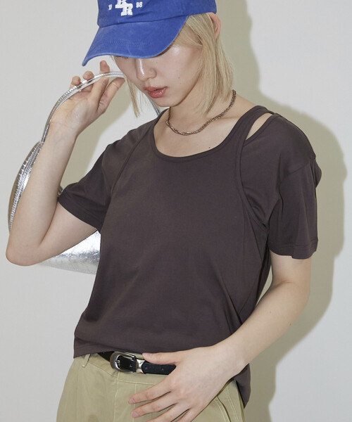PUBLUX(パブリュクス)の「PUBLUX/パブリュクス タンクトップ レイヤード Tシャツ 限定展開(Tシャツ/カットソー・レディース・ブラウン/オフホワイト/チャコールグレー/ネイビー・フリ-)」の3枚目の写真