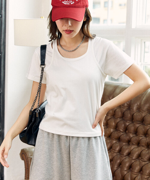 PUBLUX(パブリュクス)の「PUBLUX/パブリュクス タンクトップ レイヤード Tシャツ 限定展開(Tシャツ/カットソー・レディース・ブラウン/オフホワイト/チャコールグレー/ネイビー・フリ-)」の13枚目の写真