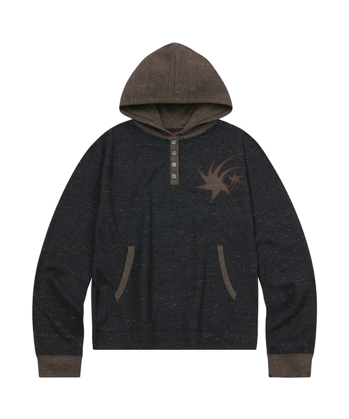 Waffle Henley Hoodie Sleeve Charcoal