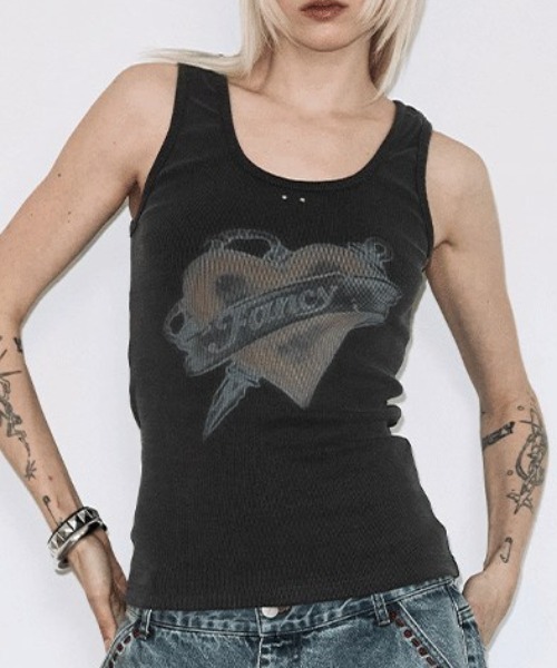 FANCY CLUB（ファンシークラブ）の「A'GEM/9 × .kom 『FANCY CLUB/ファンシークラブ』WASHED HEART SLEEVELESS/ウォッシュドハートスリーブレス（タンクトップ・レディース・グレー/ブルー・FREE）」の3枚目の写真