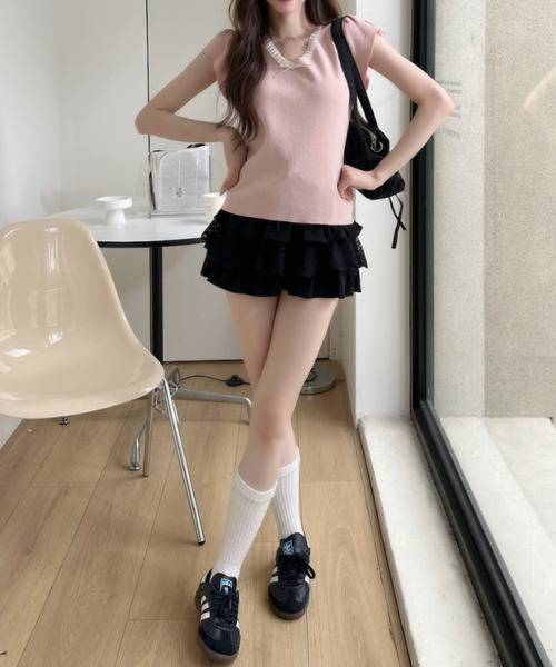 Ada.(エイダ)の「レーストリム Vネック キャップ スリーブ サマー ニット(ニット/セーター・レディース・ピンク/イエロー/アイボリー/ブラック・FREE)」の22枚目の写真