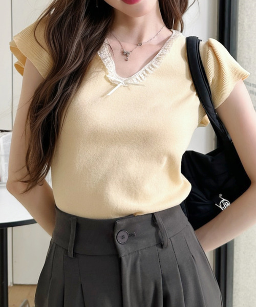 Ada.(エイダ)の「レーストリム Vネック キャップ スリーブ サマー ニット(ニット/セーター・レディース・ピンク/イエロー/アイボリー/ブラック・FREE)」の15枚目の写真