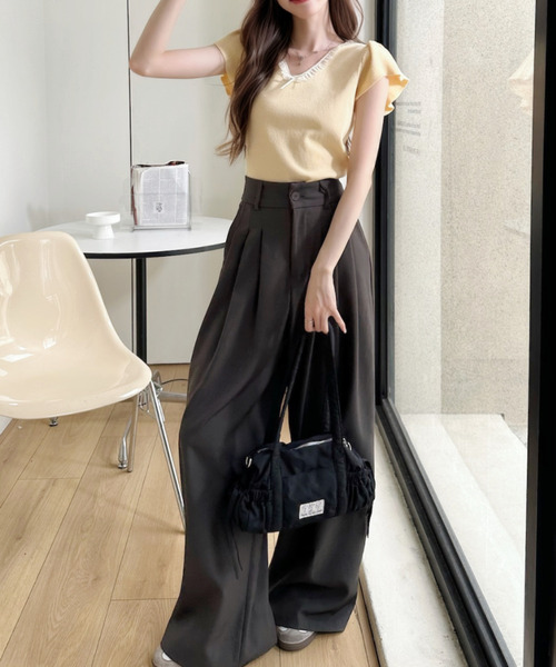 Ada.(エイダ)の「レーストリム Vネック キャップ スリーブ サマー ニット(ニット/セーター・レディース・ピンク/イエロー/アイボリー/ブラック・FREE)」の18枚目の写真