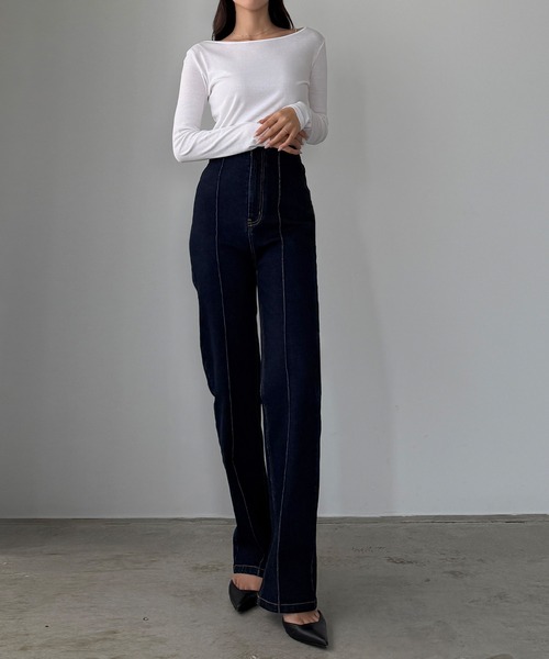 Louere（ルエレ）の「ハイウエストピンタックストレートデニムパンツ[高身長サイズST有り]（デニムパンツ・レディース・ワンウォッシュ/ブラック/ライトブルー・X-LARGE/LARGE/MEDIUM/SMALL/ST）」の9枚目の写真