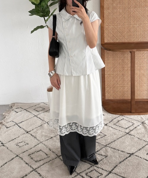 MUHET(ミュエータ)の「asymmetry button french sleeve shirt / アシンメトリーボタンフレンチスリーブシャツ(シャツ/ブラウス・レディース・ブラック/ネイビー/オフホワイト/ピンク・FREE)」の8枚目の写真