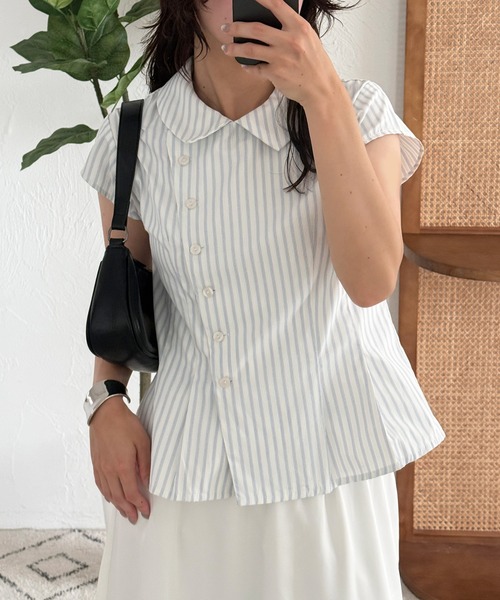 MUHET(ミュエータ)の「asymmetry button french sleeve shirt / アシンメトリーボタンフレンチスリーブシャツ(シャツ/ブラウス・レディース・ブラック/ネイビー/オフホワイト/ピンク・FREE)」の7枚目の写真