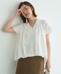 刺繍カラーバルーンヘムブラウス