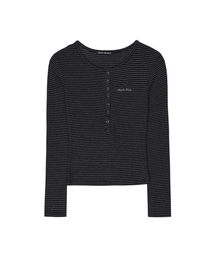 STRIPED HENLEY NECK TOP_BLACK