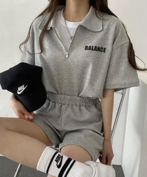 ハーフジップ半袖プルオーバー×ショートパンツ スウェットセットアップ