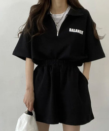 ハーフジップ半袖プルオーバー×ショートパンツ スウェットセットアップ