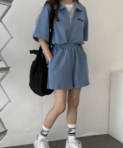 VIVID LADY(ビビッドレディー)の「ハーフジップ半袖プルオーバー×ショートパンツ スウェットセットアップ(セットアップ・レディース・ライトグレー/ブラック/ブルー/グレー・FREE)」の22枚目の写真