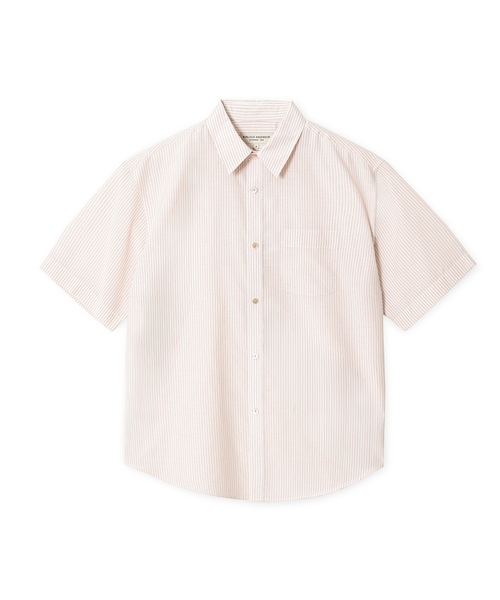 EDINBURGH CLUB(エディンバラクラブ)の「OVERSIZED SHORT SLEEVE STRIPE SHIRT (BEIGE)(シャツ/ブラウス・メンズ・Beige・SMALL/MEDIUM/LARGE)」の1枚目の写真