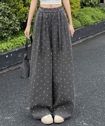 ウエストベルト付きドット柄カーブワイドパンツ