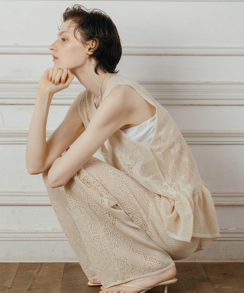 CREDONA(クレドナ)の「LACE KNIT TOPS/レースニットトップス(ニット/セーター・レディース・ネイビー/ライトイエロー・FREE)」の6枚目の写真