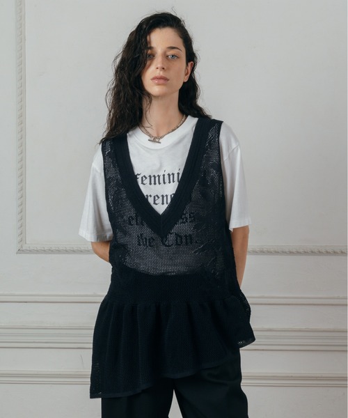 CREDONA(クレドナ)の「LACE KNIT TOPS/レースニットトップス(ニット/セーター・レディース・ネイビー/ライトイエロー・FREE)」の10枚目の写真