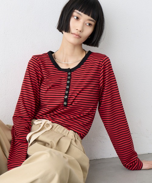 CIAOPANIC TYPY(チャオパニックティピー)の「【WEB限定】前後2WAYヘンリーボーダーロングスリーブT(Tシャツ/カットソー・レディース・ホワイト/ブラック/ネイビー/レッド/グリーン系その他2・ONE SIZE)」の1枚目の写真