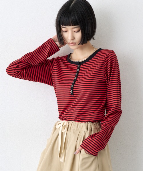 CIAOPANIC TYPY(チャオパニックティピー)の「【WEB限定】前後2WAYヘンリーボーダーロングスリーブT(Tシャツ/カットソー・レディース・ホワイト/ブラック/ネイビー/レッド/グリーン系その他2・ONE SIZE)」の17枚目の写真