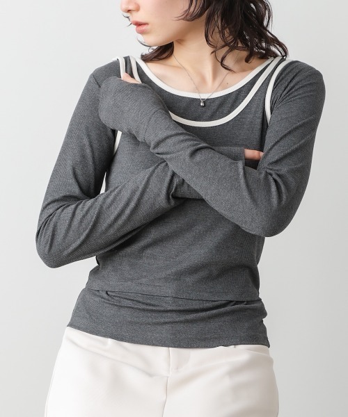 Bab(バブ)の「パイピングリブトップス&タンクSET(Tシャツ/カットソー・レディース・アイボリー/ブルー/チャコールグレー・FREE)」の2枚目の写真