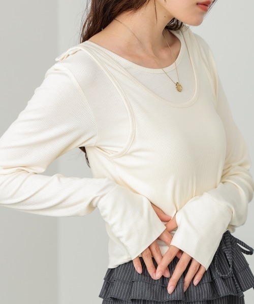 Bab(バブ)の「パイピングリブトップス&タンクSET(Tシャツ/カットソー・レディース・アイボリー/ブルー/チャコールグレー・FREE)」の1枚目の写真