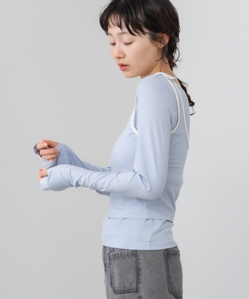 Bab(バブ)の「パイピングリブトップス&タンクSET(Tシャツ/カットソー・レディース・アイボリー/ブルー/チャコールグレー・FREE)」の4枚目の写真