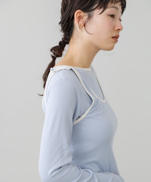 Bab(バブ)の「パイピングリブトップス&タンクSET(Tシャツ/カットソー・レディース・アイボリー/ブルー/チャコールグレー・FREE)」の5枚目の写真