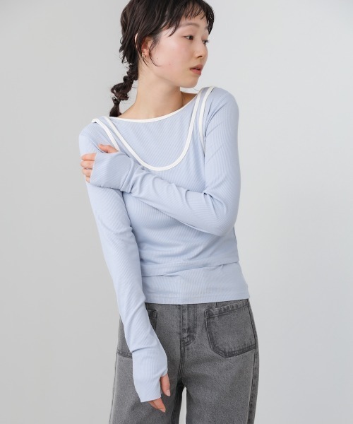Bab(バブ)の「パイピングリブトップス&タンクSET(Tシャツ/カットソー・レディース・アイボリー/ブルー/チャコールグレー・FREE)」の6枚目の写真