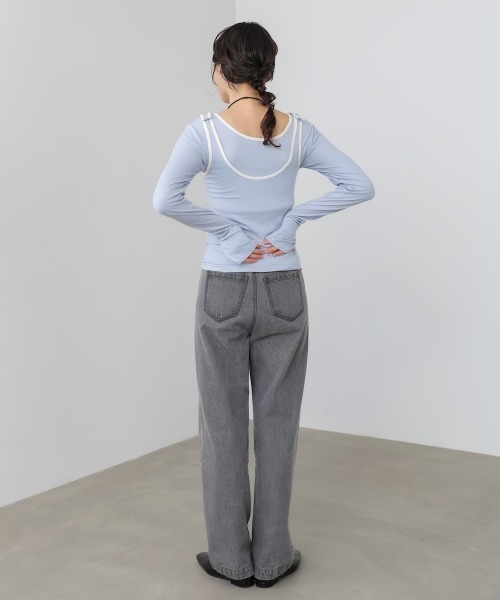 Bab(バブ)の「パイピングリブトップス&タンクSET(Tシャツ/カットソー・レディース・アイボリー/ブルー/チャコールグレー・FREE)」の7枚目の写真