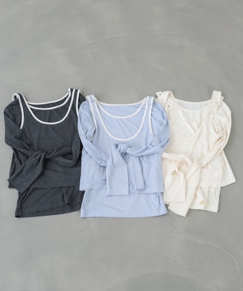 Bab(バブ)の「パイピングリブトップス&タンクSET(Tシャツ/カットソー・レディース・アイボリー/ブルー/チャコールグレー・FREE)」の10枚目の写真