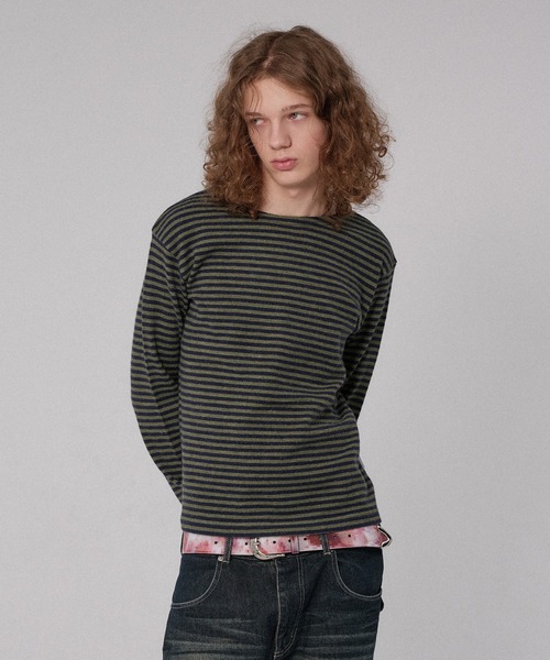 WISH FOR EVER(ウィッシュフォーエバー)の「BORDER KNIT LONG SLEEVE TEE/ボーダーニットロングスリーブT(ニット/セーター・メンズ・ネイビー系/ブラック/グレー×ピンク/チャコールグレー・SMALL/LARGE/MEDIUM)」の4枚目の写真
