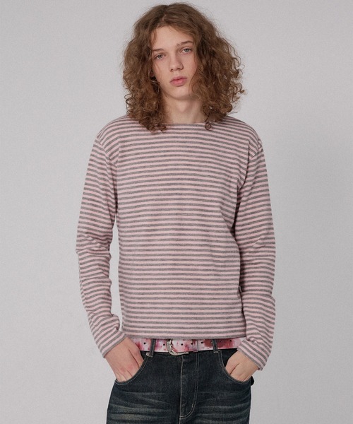 WISH FOR EVER(ウィッシュフォーエバー)の「BORDER KNIT LONG SLEEVE TEE/ボーダーニットロングスリーブT(ニット/セーター・メンズ・ネイビー系/ブラック/グレー×ピンク/チャコールグレー・SMALL/LARGE/MEDIUM)」の3枚目の写真