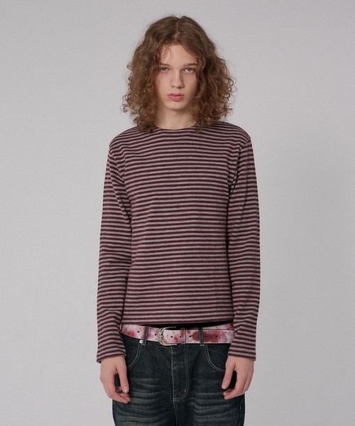WISH FOR EVER(ウィッシュフォーエバー)の「BORDER KNIT LONG SLEEVE TEE/ボーダーニットロングスリーブT(ニット/セーター・メンズ・ネイビー系/ブラック/グレー×ピンク/チャコールグレー・SMALL/LARGE/MEDIUM)」の2枚目の写真