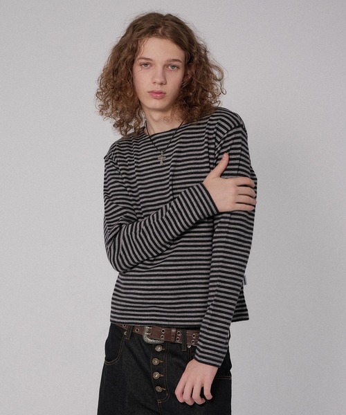 WISH FOR EVER(ウィッシュフォーエバー)の「BORDER KNIT LONG SLEEVE TEE/ボーダーニットロングスリーブT(ニット/セーター・メンズ・ネイビー系/ブラック/グレー×ピンク/チャコールグレー・SMALL/LARGE/MEDIUM)」の1枚目の写真