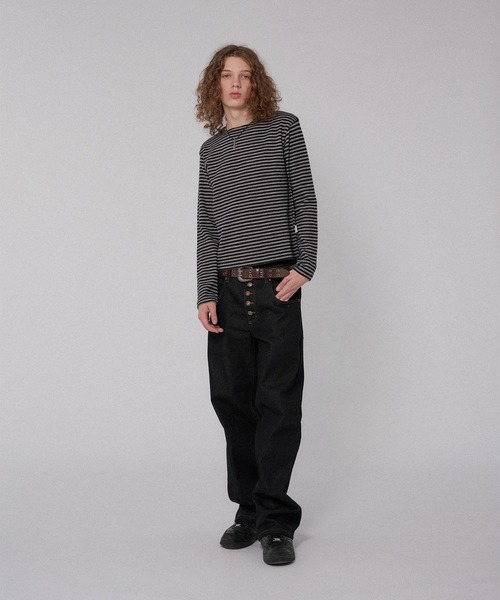 WISH FOR EVER(ウィッシュフォーエバー)の「BORDER KNIT LONG SLEEVE TEE/ボーダーニットロングスリーブT(ニット/セーター・メンズ・ネイビー系/ブラック/グレー×ピンク/チャコールグレー・SMALL/LARGE/MEDIUM)」の5枚目の写真