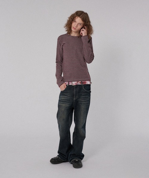 WISH FOR EVER(ウィッシュフォーエバー)の「BORDER KNIT LONG SLEEVE TEE/ボーダーニットロングスリーブT(ニット/セーター・メンズ・ネイビー系/ブラック/グレー×ピンク/チャコールグレー・SMALL/LARGE/MEDIUM)」の6枚目の写真