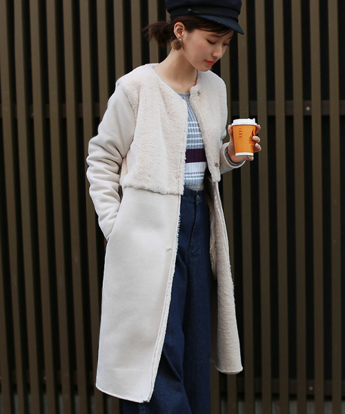 REAL CUBE（リアルキューブ）の「雑誌掲載・フード付きフェイクムートン2WAYコート（その他アウター・レディース・ネイビー/モカ/ライトベージュ・36/38/40）」の6枚目の写真