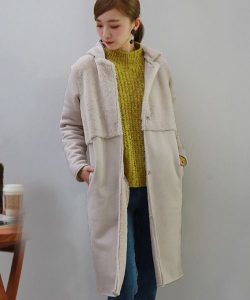 REAL CUBE（リアルキューブ）の「雑誌掲載・フード付きフェイクムートン2WAYコート（その他アウター・レディース・ネイビー/モカ/ライトベージュ・36/38/40）」の8枚目の写真