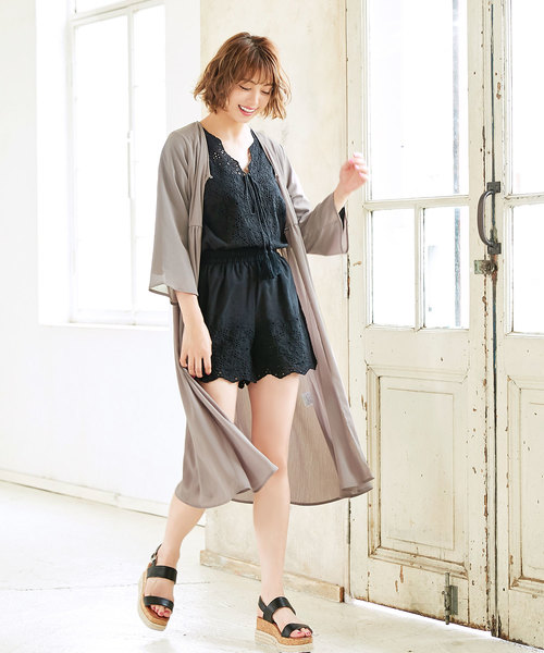 KOBE LETTUCE（コウベレタス）の「ミディアム丈ロング楊柳ガウン＊レディース/カーディガン/サマーアウター[C3376]神戸レタス（カーディガン/ボレロ・レディース・グレイッシュベージュ/カーキ/ブラック・FREE）」の3枚目の写真