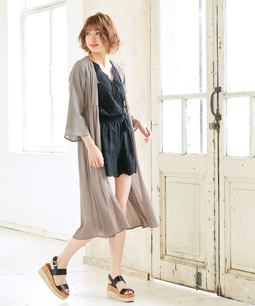 KOBE LETTUCE（コウベレタス）の「ミディアム丈ロング楊柳ガウン＊レディース/カーディガン/サマーアウター[C3376]神戸レタス（カーディガン/ボレロ・レディース・グレイッシュベージュ/カーキ/ブラック・FREE）」の10枚目の写真