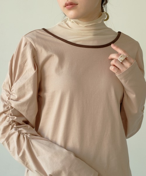 Bab（バブ）の「【WEB限定】配色パイピング袖シャーリングカットソー（Tシャツ/カットソー・レディース・ブラック/ベージュ/オフホワイト・FREE）」の9枚目の写真