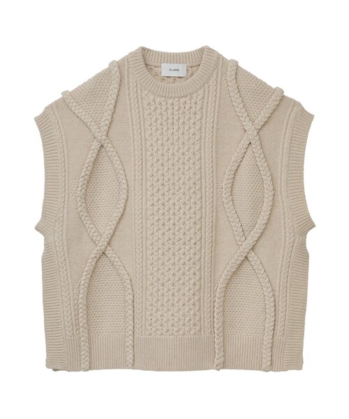 CLANE◆3Dケーブルクルーネックスリットニットベスト/2/ウール/BLU/無地/11106-1082 CLANE クラネ 21AW 11106-1082 3D CABLE SLIT KNIT VEST ウール