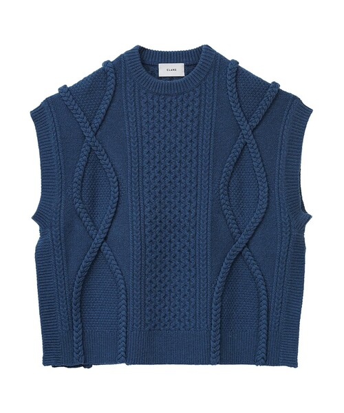 CLANE◆3Dケーブルクルーネックスリットニットベスト/2/ウール/BLU/無地/11106-1082 CLANE（クラネ）の「【CLANE(クラネ)】3Dケーブルスリットニット