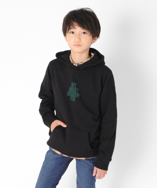 GLAZOS（グラソス）の「裏毛・ドロップショルダーアソートプリントパーカー（パーカー・キッズ・ブラック/ネイビー/ライトグリーン/グレー/サックスブルー/ベージュ・150cm/130cm/140cm/160cm/170cm）」の2枚目の写真