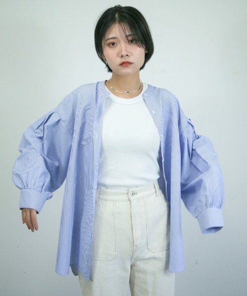 spoon store(スプーンストア)の「ストライプバンドカラーシャツ(シャツ/ブラウス・レディース・ピンク/ブルー/グリーン・フリー)」の1枚目の写真