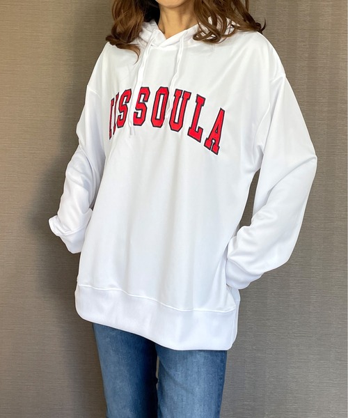 GGD（ジージーディー）の「BIG パーカー ストレッチ 刺繍 ワッペン ビッグ シルエット パーカー（パーカー・レディース・グリーン/ブラック/ホワイト・LL/M/L）」の7枚目の写真