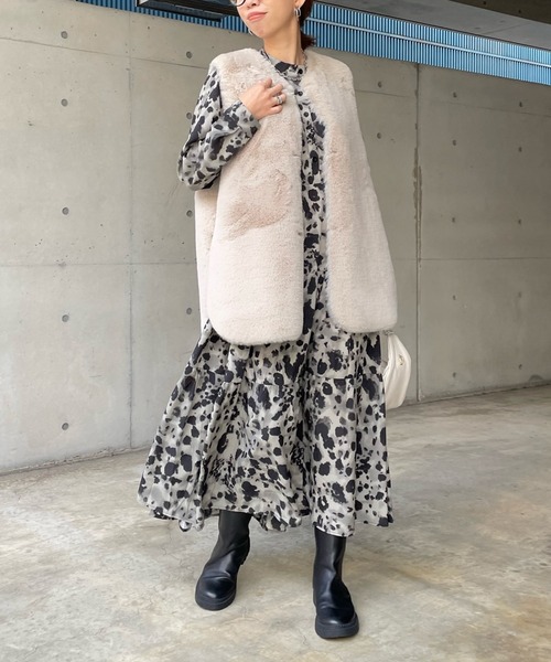 ワンピース DouDou ドゥドゥ ひざ上 Ｖネック グレー 美品 DouDou】W Vネック切替ギャザーワンピース[品番：PALW0001585
