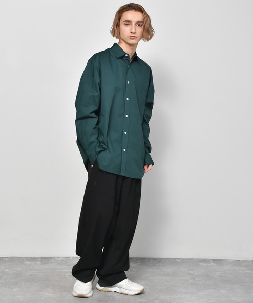 パプリカ様【カラー】ブロードシャツ プルオーバー　ドッキング　グリーン　1　個性 セール】ブロードビッグ レギュラーカラー 無地 ストライプシャツ