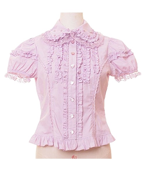 BODYLINE（ボディライン）の「選べる8タイプ こだわりパールボタンデザインのフリルブラウス 半袖（シャツ/ブラウス・レディース・ブラック/ベージュ/パープル/オフホワイト/サックスブルー/ピンク/グリーン・2L/4L/M/L/S）」の6枚目の写真